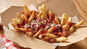 Ore Ida French Fry Recipe Pepperoni Pizza Fries topped with flash-fried pepperoni slices, marinara sauce and mozzarella. Served sprinkled with a dusting of Parmesan.