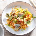 Sweet Potato Noodles with Clams and Creamy Turmeric Sauce