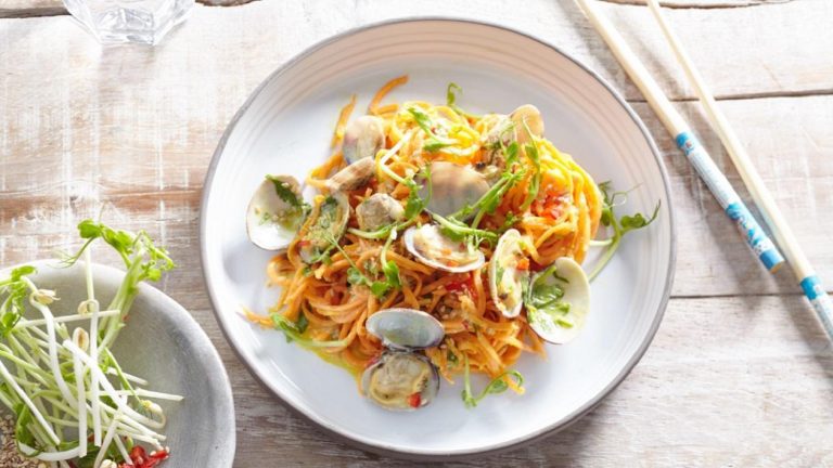 Sweet Potato Noodles with Clams and Creamy Turmeric Sauce