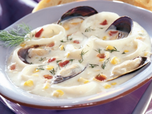 Calamari Chowder With Mussels and Roasted Corn