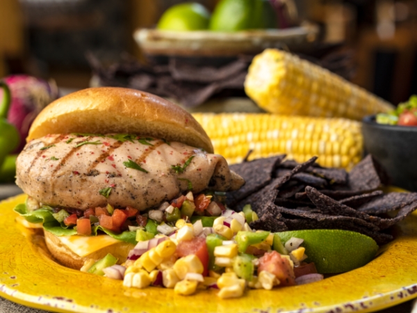 Fresca Grilled Chicken Sandwich with Tortilla Chips and Pineapple Corn Salsa
