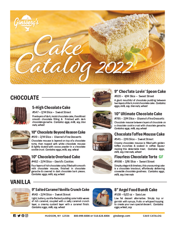 Ginsberg's Cake Guide 2022 filled with the brands Sweet Street Desserts, David's, Sweet Source, Vie de France, Sara Lee, Original Cakerie