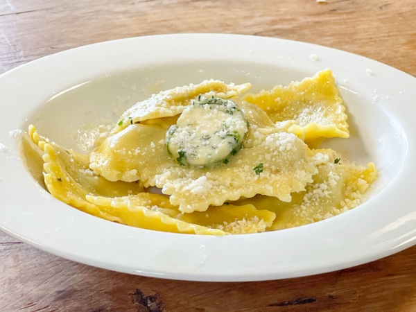 Sausage and Cheese Square Ravioli and Roasted Garlic and Herb Compound Butter